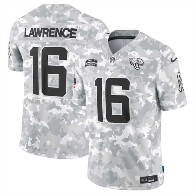 Mens Jacksonville Jaguars #16 Trevor Lawrence 2024 Arctic Camo Salute To Service Limited Stitched Jersey Dyin